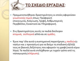 ΣΟ ΢ΦΕΔΙΟ ΕΡΓΑ΢ΙΑ΢:
 Πραγματοποιόθηκαν δραςτηριότητεσ οι οπούεσ αφορούςαν
γνωςτικούσ τομεύσ όπωσ: Προφορικό
επικοινωνύα,Ανϊγνωςη, Γραφό,Ανθρωπογενϋσ
Περιβϊλλον, Εικαςτικϊ και Πληροφορικό.
 ΢τισ δραςτηριότητεσ αυτϋσ τα παιδιϊ δούλεψαν
ατομικϊ, ςυλλογικϊ αλλϊ και ςε ομϊδεσ.
 Έγινε παρ’ όλα αυτϊ η ςυςτηματικό παρατόρηςη 4 παιδιών(2
νηπύων και 2 προνηπύων) για να δούμε τη ςταδιακό εξϋλιξό
τουσ ςε βαςικϋσ δεξιότητεσ που αφορούν τη γραφό (κατϊ κύριο
λόγο).Σα παιδιϊ αυτϊ επιλϋχθηκαν με τυχαύο τρόπο από τισ
νηπιαγωγούσ (κλόρωςη).
 