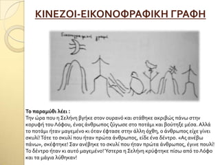 ΚΙΝΕΖΟΙ-ΕΙΚΟΝΟΥΡΑΥΙΚΗ ΓΡΑΥΗ
Σο παραμύθι λέει :
Σην ώρα που η ΢ελόνη βγόκε ςτον ουρανό και ςτϊθηκε ακριβώσ πϊνω ςτην
κορυφό του Λόφου, ϋνασ ϊνθρωποσ ζύγωςε ςτο ποτϊμι και βούτηξε μϋςα. Αλλϊ
το ποτϊμι όταν μαγεμϋνο κι όταν ϋφταςε ςτην ϊλλη όχθη, ο ϊνθρωποσ εύχε γύνει
ςκυλύ!Σότε το ςκυλύ που όταν πρώτα ϊνθρωποσ, εύδε ϋνα δϋντρο. «Ασ ανϋβω
πϊνω», ςκϋφτηκε! ΢αν ανϋβηκε το ςκυλύ που όταν πρώτα ϊνθρωποσ, ϋγινε πουλύ!
Σο δϋντρο όταν κι αυτό μαγεμϋνο!Ύςτερα η ΢ελόνη κρύφτηκε πύςω από το Λόφο
και τα μϊγια λύθηκαν!
 