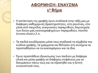 ΑΥΟΡΜΗ΢Η- ΕΝΑΤ΢ΜΑ
1ο Βήμα
 Η κατϊκτηςη τησ γραφόσ ϋγινε ςταδιακϊ ςτην τϊξη μασ με
διϊφορεσ καθημερινϋσ δραςτηριότητεσ, εύτε ρουτύνασ, εύτε
μϋςα από παιχνύδια, αναγνώςεισ παραμυθιών, δημιουργύα
των δικών μασ εικονογραφημϋνων παραμυθιών, ποικύλο
ϋντυπο υλικό κ.λ.π.
 Σα παιδιϊ οικοδόμηςαν μϋςα τουσ ςταδιακϊ τα ςύμβολα του
κώδικα γραφόσ, τα γρϊμματα και θϋληςαν ςτη ςυνϋχεια να
προςπαθόςουν να τα αναπαρϊγουν και τα ύδια.
 Έγινε προςπϊθεια εξοικεύωςησ των παιδιών με διϊφορα
υλικϊ και μϋςα γραφόσ ςε διϊφορεσ επιφϊνειεσ για να
δοκιμϊςουν πϊνω τουσ και να εξαςκηθεύ και η λεπτό
κινητικότητϊ τουσ.
 