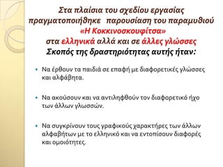 Στα πλαύςια του ςχεδύου εργαςύασ
πραγματοποιόθηκε παρουςύαςη του παραμυθιού
«Η Κοκκινοςκουφύτςα»
ςτα ελληνικϊ αλλϊ και ςε ϊλλεσ γλώςςεσ
Σκοπόσ τησ δραςτηριότητασ αυτόσ όταν:
 Να ϋρθουν τα παιδιϊ ςε επαφό με διαφορετικϋσ γλώςςεσ
και αλφϊβητα.
 Να ακούςουν και να αντιληφθούν τον διαφορετικό όχο
των ϊλλων γλωςςών.
 Να ςυγκρύνουν τουσ γραφικούσ χαρακτόρεσ των ϊλλων
αλφαβότων με το ελληνικό και να εντοπύςουν διαφορϋσ
και ομοιότητεσ.
 