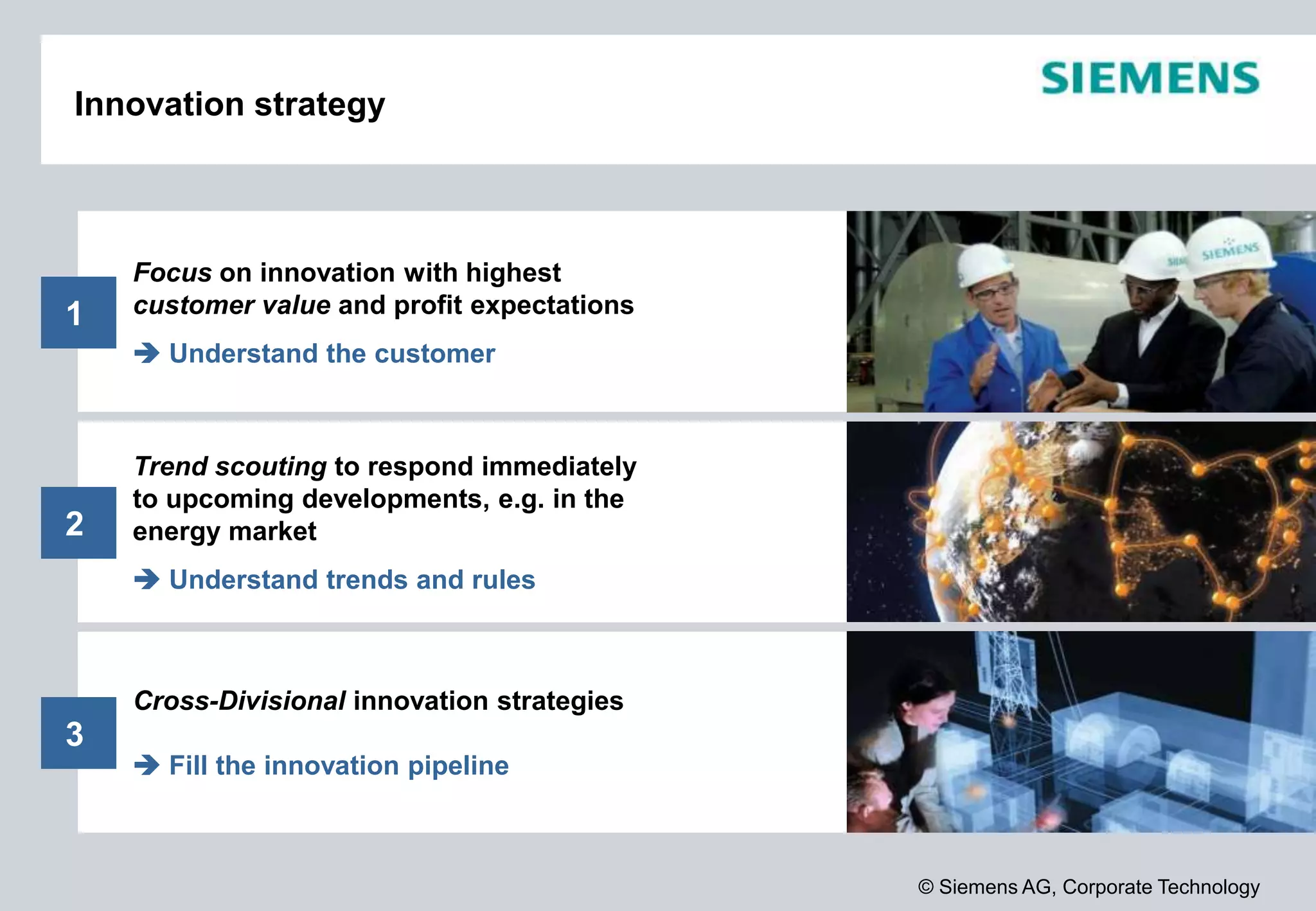 © Siemens AG, Corporate Technology
Innovation strategy
Focus on innovation with highest
customer value and profit expectations
 Understand the customer
Trend scouting to respond immediately
to upcoming developments, e.g. in the
energy market
 Understand trends and rules
Cross-Divisional innovation strategies
 Fill the innovation pipeline
2
1
3
 