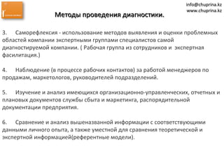 info@chuprina.kzinfo@chuprina.kz
www.chuprina.kzwww.chuprina.kz
Методы проведения диагностики.Методы проведения диагностики.
3.      Саморефлексия - использование методов выявления и оценки проблемных 
областей компании экспертными группами специалистов самой 
диагностируемой компании. ( Рабочая группа из сотрудников и  экспертная 
фасилитация.)
4.      Наблюдение (в процессе рабочих контактов) за работой менеджеров по 
продажам, маркетологов, руководителей подразделений.
5.      Изучение и анализ имеющихся организационно-управленческих, отчетных и 
плановых документов службы сбыта и маркетинга, распорядительной 
документации предприятия.
6.      Сравнение и анализ вышеназванной информации с соответствующими 
данными личного опыта, а также уместной для сравнения теоретической и 
экспертной информацией(референтные модели).
 