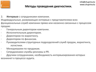 info@chuprina.kzinfo@chuprina.kz
www.chuprina.kzwww.chuprina.kz
Методы проведения диагностики.Методы проведения диагностики.
2.      Интервью с сотрудниками компании. 
Индивидуальные, развивающие интервью с представителями всех 
функциональных служб компании прямо или косвенно связанных с процессом 
продаж:
·        Генеральным директором компании.
·        Исполнительным директором.
·        Директором по маркетингу.
·        Директором по финансам.
·        Руководителями структурных подразделений служб продаж, маркетинга, 
логистики.
·        Менеджерами по продажам.
·        Сотрудниками службы рекламы и PR.
·        Другими сотрудниками, необходимость интервьюирования которых 
возникнет в процессе аудита.
 