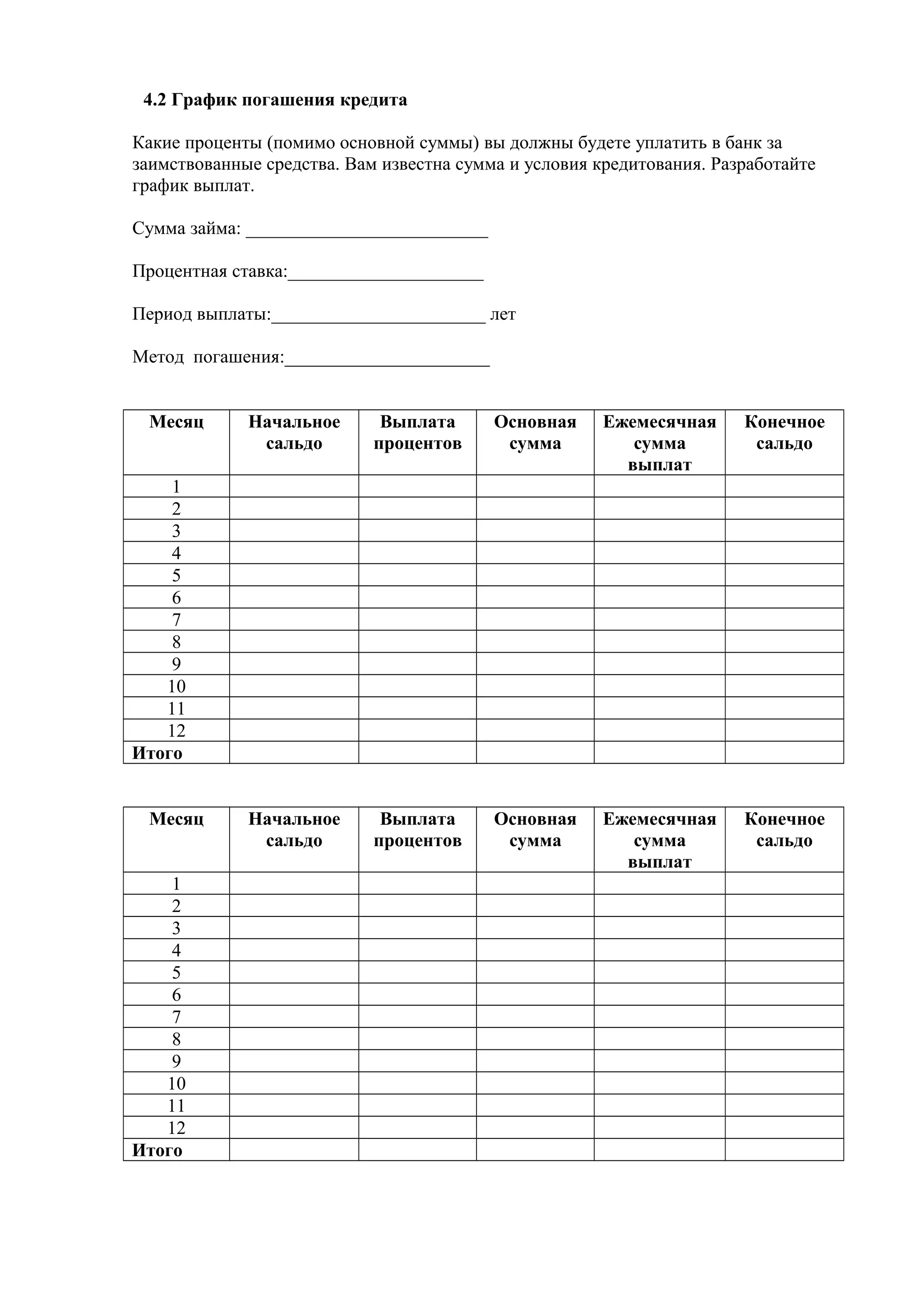 4.2 График погашения кредита
Какие проценты (помимо основной суммы) вы должны будете уплатить в банк за
заимствованные средства. Вам известна сумма и условия кредитования. Разработайте
график выплат.
Сумма займа: __________________________
Процентная ставка:_____________________
Период выплаты:_______________________ лет
Метод погашения:______________________
Месяц Начальное
сальдо
Выплата
процентов
Основная
сумма
Ежемесячная
сумма
выплат
Конечное
сальдо
1
2
3
4
5
6
7
8
9
10
11
12
Итого
Месяц Начальное
сальдо
Выплата
процентов
Основная
сумма
Ежемесячная
сумма
выплат
Конечное
сальдо
1
2
3
4
5
6
7
8
9
10
11
12
Итого
 