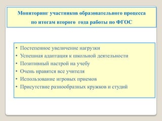 • Постепенное увеличение нагрузки
• Успешная адаптация к школьной деятельности
• Позитивный настрой на учебу
• Очень нравятся все учителя
• Использование игровых приемов
• Присутствие разнообразных кружков и студий
Мониторинг участников образовательного процесса
по итогам второго года работы по ФГОС
 