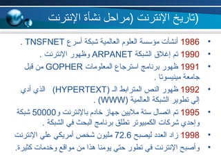 •1986‫أسر ع‬ ‫شبكة‬ ‫العالمية‬ ‫العلوم‬ ‫مؤسسة‬ ‫أنشأت‬TNSFNET.
•1990‫الشبكة‬ ‫إغلق‬ ‫تم‬ARPANET. ‫النترنت‬ ‫وظهور‬
•1991‫المعلومات‬ ‫استرجا ع‬ ‫برنامج‬ ‫ظهور‬GOPHER‫قبل‬ ‫من‬
. ‫مينيسوتا‬ ‫جامعة‬
•1992) ‫الـ‬ ‫المترابط‬ ‫النص‬ ‫ظهور‬HYPERTEXT(‫أدي‬ ‫الذي‬
) ‫العالمية‬ ‫الشبكة‬ ‫تطوير‬ ‫إلي‬WWW(.
•1995‫و‬ ‫بالنترنت‬ ‫خادم‬ ‫جهاز‬ ‫مليين‬ ‫ستة‬ ‫اتصال‬ ‫تم‬50000‫شبكة‬
. ‫الشبكة‬ ‫في‬ ‫البحث‬ ‫برنامج‬ ‫تطلق‬ ‫الكمبيوتر‬ ‫شركات‬ ‫وإحدي‬
•1998‫ليصبح‬ ‫العدد‬ ‫زاد‬72.6‫النترنت‬ ‫علي‬ ‫أمريكي‬ ‫شخص‬ ‫مليون‬
•.‫كثيرة‬ ‫وخدمات‬ ‫مواقع‬ ‫من‬ ‫هذا‬ ‫يومنا‬ ‫حتي‬ ‫تطور‬ ‫في‬ ‫النترنت‬ ‫وأصبح‬
‫النترنت‬ ‫نشأة‬ ‫)مراحل‬ ‫النترنت‬ ‫)تاريخ‬
 