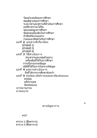 วัตถุประสงค์ของการศึกษา
สมมุติฐานของการศึกษา
ระยะเวลาและสถานที่ดำาเนินการศึกษา
ผลที่คาดว่าจะได้รับ
ขอบเขตของการศึกษา
ข้อตกลงเบื้องต้นในการศึกษา
คำาศัพท์นิยามเฉพาะ
กรอบแนวคิดสำาหรับการศึกษา
บทที่ 2 เอกสารที่เกี่ยวข้อง
(หัวข้อที่ 1)
(หัวข้อที่ 2)
(หัวข้อที่ 3)
บทที่ 3 วิธีดำาเนินการ
ประชากรและกลุ่มตัวอย่าง
เครื่องมือที่ใช้ในการศึกษา
การเก็บรวบรวมข้อมูล
สถิติที่ใช้ในการวิเคราะห์ข้อมูล
บทที่ 4 ผลการดำาเนินการ
สิ่งที่ได้จากการศึกษาค้นคว้า
บทที่ 5 สรุปผล อภิปรายผลและข้อเสนอแนะ
สรุปผล
อภิปรายผล
ข้อเสนอแนะ
บรรณานุกรม
ภาคผนวก
ค
สารบัญตาราง
หน้า
ตาราง 1 (ชื่อตาราง)
ตาราง 2 (ชื่อตาราง)
 