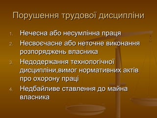 Порушення трудової дисципліниПорушення трудової дисципліни
1.1. Нечесна або несумлінна працяНечесна або несумлінна праця
2.2. Несвоєчасне або неточне виконанняНесвоєчасне або неточне виконання
розпоряджень власникарозпоряджень власника
3.3. Недодержання технологічноїНедодержання технологічної
дисципліни,вимог нормативних актівдисципліни,вимог нормативних актів
про охорону праціпро охорону праці
4.4. Недбайливе ставлення до майнаНедбайливе ставлення до майна
власникавласника
 