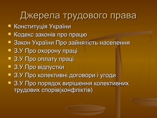 Джерела трудового праваДжерела трудового права
 Конституція УкраїниКонституція України
 Кодекс законів про працюКодекс законів про працю
 Закон України Про зайнятість населенняЗакон України Про зайнятість населення
 З.У Про охорону праціЗ.У Про охорону праці
 З.У Про оплату праціЗ.У Про оплату праці
 З.У Про відпусткиЗ.У Про відпустки
 З.У Про колективні договори і угодиЗ.У Про колективні договори і угоди
 З.У Про порядок вирішення колективнихЗ.У Про порядок вирішення колективних
трудових спорів(конфліктів)трудових спорів(конфліктів)
 