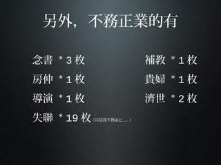 另外，別開生面的有
念書 * 3 枚 補教 * 1 枚
房仲 * 1 枚 貴婦 * 1 枚
導演 * 1 枚 濟世 * 2 枚
失聯 * 19 枚（只是我不熟而已 ...... ）
 