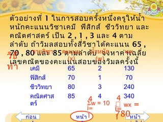 ตัวอย่างที่ 1 ในการสอบครั้งหนึ่งครูให้นำ้า
หนักคะแนนวิชาเคมี ฟิสิกส์ ชีววิทยา และ
คณิตศาสตร์ เป็น 2 , 1 , 3 และ 4 ตาม
ลำาดับ ถ้าวิมลสอบทั้งสี่วิชาได้คะแนน 65 ,
70 , 80 และ 85 ตามลำาดับ จงหาค่าเฉลี่ย
เลขคณิตของคะแนนสอบของวิมลครั้งนี้
หน้าก่อน หน้า
วิธี
ทำา
รายวิชา คะแนน
(x)
นำ้าหนัก
(w)
wx
เคมี 65 2 130
ฟิสิกส์ 70 1 70
ชีววิทยา 80 3 240
คณิตศาส
ตร์
85 4 340
Σw = 10
i=
1
4
 wx =
780
i=
1
4
 