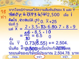 หน้ำก่อน หน้ำ
วิธี
ทำำ
= 6.5
5
จำกโจทย์กำำหนดให้ควำมสัมพันธ์ของ X และ Y
คือ Y = 0.73X + 2,500ในที่นี้ yi = 0.73 xi + 2,500 เมื่อ i
คือ 1 , 2 , 3 , ... , 10ดังนั้น จำกสมบัติ
ข้อที่ 5
X
=
Y 0.
73
+25
002 + 3.5+ 5 + 6.5 + 7 + 8 + 9
+ 6 + 8.5 + 101
0
x =แต่
= 65
.510ดัง
นั้น
=
Y 0.73(6.55) +
2,500
= 2,504.
7815นั่นคือ ค่ำเฉลี่ยของเบี้ยประกันอุบัติเหตุ
รถยนต์ของบริษัทนี้ประมำณ 2,504.78 บำท
 