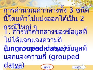 หน้าก่อน หน้า
การคำานวณค่ากลางทั้ง 3 ชนิด
นี้โดยทั่วไปแบ่งออกได้เป็น 2
กรณีใหญ่ ๆ
1. การหาค่ากลางของข้อมูลที่
ไม่ได้แจกแจงความถี่
(ungrouped datya)2. การหาค่ากลางของข้อมูลที่
แจกแจงความถี่ (grouped
datya)
 