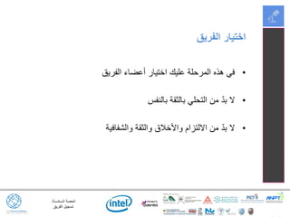 ‫السادسة‬ ‫الحصة‬:
‫الفريق‬ ‫تسجيل‬
•‫الفريق‬ ‫أعضاء‬ ‫اختيار‬ ‫عليك‬ ‫المرحلة‬ ‫هذه‬ ‫في‬
•‫بالنفس‬ ‫بالثقة‬ ‫التحلي‬ ‫من‬ ّ‫د‬‫ب‬ ‫ال‬
•‫والشفافية‬ ‫والثقة‬ ‫واألخالق‬ ‫االلتزام‬ ‫من‬ ّ‫د‬‫ب‬ ‫ال‬
‫الفريق‬ ‫اختيار‬
 