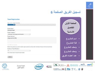 ‫السادسة‬ ‫الحصة‬:
‫الفريق‬ ‫تسجيل‬
‫الصفحة‬ ‫الفريق‬ ‫تسجيل‬6
•‫المشروع‬ ‫اسم‬
•‫المشروغ‬ ‫فئة‬
•‫المشروع‬ ‫وصف‬
•‫المشروع‬ ‫وصف‬
•‫أعضاء‬ ‫عدد‬‫الفريق‬
‫األولى‬ ‫الصفحة‬
‫التفاصيل‬
‫األساسية‬
 