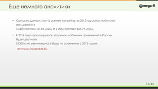 • Согласно данным J'son & partners consulting, за 2012 год рынок мобильных
приложений в
мире составил $7,83 млрд. И к 2016 составит $65,79 млрд.
• К 2016 году прогнозируется, что рынок мобильных приложений в России
будет достигать
$1300 млн, увеличившись в 8 раз по сравнению с 2012 годом.
Источник: infopraktik.Ru
Еще немного аналитики
16/44
 