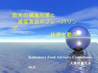 欧米の減塩対策と
　減塩食品のフレーバリン
グ
　　　　　　　技術と動向
　　　　　　　　　　　　　　
　　　　　　　　
Kubomura Food Advisory Consultants
　　　　　　　　　　久保村喜代子　
Ph.D. 1
 
