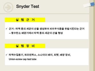  근거 : 타액 중의 세균이 산을 생성하여 치아우식증을 유발시킨다는 근거
→ 함수탄소 배양기에서 타액 중의 세균이 산을 형성
실 험 근 거
실 험 장 비
 타액수집용기, 파라핀왁스, 스나이더 배지, 피펫, 배양 장비,
Union-screw cap test tube
Snyder Test
 