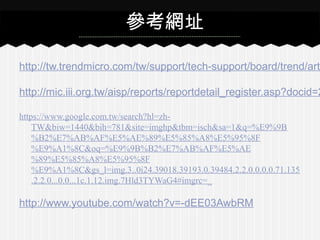 http://tw.trendmicro.com/tw/support/tech-support/board/trend/art
http://mic.iii.org.tw/aisp/reports/reportdetail_register.asp?docid=2
https://www.google.com.tw/search?hl=zh-
TW&biw=1440&bih=781&site=imghp&tbm=isch&sa=1&q=%E9%9B
%B2%E7%AB%AF%E5%AE%89%E5%85%A8%E5%95%8F
%E9%A1%8C&oq=%E9%9B%B2%E7%AB%AF%E5%AE
%89%E5%85%A8%E5%95%8F
%E9%A1%8C&gs_l=img.3..0i24.39018.39193.0.39484.2.2.0.0.0.0.71.135
.2.2.0...0.0...1c.1.12.img.7Hld3TYWaG4#imgrc=_
http://www.youtube.com/watch?v=-dEE03AwbRM
參考網址
 
