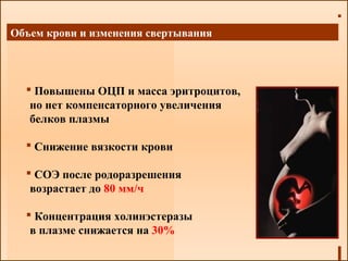 Объем крови и изменения свертывания
 Повышены ОЦП и масса эритроцитов,
но нет компенсаторного увеличения
белков плазмы
 Снижение вязкости крови
 СОЭ после родоразрешения
возрастает до 80 мм/ч
 Концентрация холинэстеразы
в плазме снижается на 30%
 