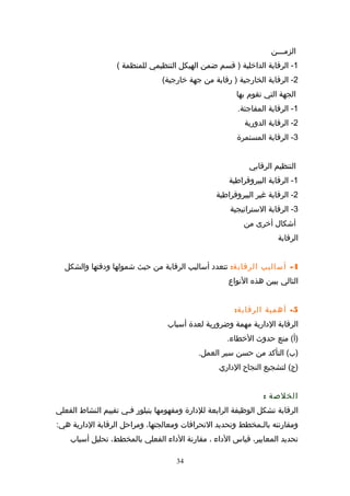 ‫الزمـــن‬
1‫الرقابة‬ -‫الداخلية‬‫قسم‬ )‫ضمن‬‫الهيكل‬‫التنظيمي‬‫للمنظمة‬(
2‫الرقابة‬ -‫الخارجية‬‫رقابة‬ )‫من‬‫جهة‬(‫خارجية‬
‫الجهة‬‫التي‬‫تقوم‬‫بها‬
1‫الرقابة‬ -.‫المفاجئة‬
2‫الرقابة‬ -‫الدورية‬
3‫الرقابة‬ -‫المستمرة‬
‫التنظيم‬‫الرقابي‬
1‫الرقابة‬ -‫البيروقراطية‬
2‫الرقابة‬ -‫غير‬‫البيروقراطية‬
3‫الرقابة‬ -‫الستراتيجية‬
‫أشكال‬‫أخرى‬‫من‬
‫الرقابة‬
4-‫أساليب‬:‫الرقابة‬‫تتعدد‬‫أساليب‬‫الرقابة‬‫من‬‫حيث‬‫شمولها‬‫ودقتها‬‫والشكل‬
‫التالي‬‫يبين‬‫هذه‬‫النواع‬
5-‫أهمية‬:‫الرقابة‬
‫الرقابة‬‫الدارية‬‫مهمة‬‫وضرورية‬‫لعدة‬‫أسباب‬
‫منع‬ (‫)أ‬‌‫حدوث‬.‫الخطاء‬
‫التأكد‬ (‫)ب‬‌‫من‬‫حسن‬‫سير‬.‫العمل‬
‫لتشجيع‬ (‫)ج‬‌‫النجاح‬‫الداري‬
‫الخالصة‬:
‫الرقابة‬‫تشكل‬‫الوظيفة‬‫الرابعة‬‫للدارة‬‫ومفهومها‬‫يتبلور‬‫فـي‬‫تقييم‬‫النشاط‬‫الفعلي‬
‫ومقارنته‬‫بالـمخطط‬‫وتحديد‬‫النحرافات‬،‫ومعالجتها‬‫ومراحل‬‫الرقابة‬‫الدارية‬:‫هي‬
‫تحديد‬،‫المعايير‬‫قياس‬‫الداء‬،‫مقارنة‬‫الداء‬‫الفعلي‬،‫بالمخطط‬‫تحليل‬‫أسباب‬
34
 