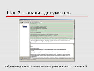 24
Шаг 2 – анализ документов
Найденные документы автоматически распределяются по темам
 