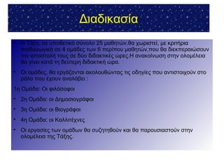 Διαδικασία

Η Τάξη, σε υποθετικό σύνολο 25 μαθητών,θα χωριστεί, με κριτήρια
παιδαγωγικά σε 4 ομάδες των 6 περίπου μαθητών,που θα διεκπεραιώσουν
την αποστολή τους σε δύο διδακτικές ώρες.Η ανακοίνωση στην ολομέλεια
θα γίνει κατά τη δεύτερη διδακτική ώρα.

Οι ομάδες, θα εργάζονται ακολουθώντας τις οδηγίες που αντιστοιχούν στο
ρόλο που έχουν αναλάβει :
1η Ομάδα: Οι φιλόσοφοι

2η Ομάδα: οι Δημοσιογράφοι

3η Ομάδα: οι Βιογράφοι

4η Ομάδα: οι Καλλιτέχνες

Οι εργασίες των ομάδων θα συζητηθούν και θα παρουσιαστούν στην
ολομέλεια της Τάξης.
 