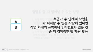 A
B
협업을 할 때 일어날 수 있는 상황
1. A가 하던 작업을 빨리 끝냈는데, 다른 작업이
넘어오지 않아 일 없이 놀게 된다.
2. A가 하던 작업을 계속 하는 동안 새로 넘어온
작업의 적기를 그만 놓치게 되어버렸다.
3. A가 작업하는 동안 문제를 발견해서 이걸
B에게 되물려 줬을 때 B는 이미 또 다른
작업으로 넘어가 있는 경우가 될 수 있다.
누군가 두 단계의 작업을
다 처리할 수 있는 사람이 있다면
작업 과정의 공백이나 인터럽트가 없을 것
좀 더 경제적인 팀 자원 활용
 