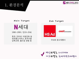 메인타겟은 2029세대
서브타겟은 국내외광고대행사
1980~1990 / 만19~29세
특징: 인터넷, 이동전화 등
정보통싞서비스 본격사용
남북교류, 월드컵 경험 등
Main Target Sub Target
국내외 광고대행사
 