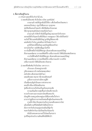 คู่มือจัดกิจกรรมการเรียนรู้ เรื่องการอนุรักษ์ทรัพยากรป่าไม้ตามพระราชดําริ ชั้นประถมศึกษาปีที่ 5 ห น้ า | 11
 
 
2. สื่อการเรียนรู้/ใบงาน
2.1 ตัวอย่างเพลงที่เกี่ยวกับป่าไม้ เช่น
1) เพลงต้นไม้ของพ่อ ขับร้องโดย ธงไชย แมคอินไตย์
นานมาแล้ว พ่อได้ปลูกต้นไม้ไว้ให้เรา เพื่อวันหนึ่งจะบังลมหนาว
และคอยเป็นร่มเงา ปลูกไว้เพื่อพวกเรา ทุกทุกคน
พ่อใช้เหงื่อแทนน้ํารดลงไป เพื่อให้ผลิดอกใบออกผล
ให้เราทุกทุกคนเติบโตอย่างร่มเย็นในบ้านเรา
ผ่านมาแล้ว ห้าสิบปี ต้นไม้นั้นสูงใหญ่ ลมแรงเท่าไรก็บรรเทา
ออกผลให้เก็บกินแตกใบเพื่อให้ร่มเงา คอยดูแลเรา ให้เรายังมีวันต่อไป
จนวันนี้ ใต้เงาแห่งต้นไม้ต้นใหญ่ ลูกได้อยู่ได้คอยอาศัย
แผ่นดินยังกว้างไกล แต่เหมือนว่าหัวใจพ่อกว้างกว่า
ลูกที่เกิดตรงนี้นั้นยังอยู่ และยังอยู่เพื่อคอยรักษา
จะรวมใจเข้ามา จะมีเพียงสัญญาในหัวใจ
จากวันนี้สักหมื่นปี ต้นไม้ที่พ่อปลูก ต้องสวยต้องงดงามและยิ่งใหญ่
สืบสานและติดตาม จากรอยที่พ่อตั้งใจ เหงื่อเราจะเทไป ให้ต้นไม้ของพ่อยังงดงาม
จากวันนี้สักหมื่นปี ต้นไม้ที่พ่อปลูก ต้องสวยต้องงดงามและยิ่งใหญ่
สืบสานและติดตาม จากรอยที่พ่อตั้งใจ เหงื่อเราจะเทไป จากหัวใจ
เหงื่อเราจะเทไป ให้ต้นไม้ของพ่อ ยังงดงาม
2) เพลงชีวิตสัมพันธ์ ขับร้องโดย วงคาราบาว
เจ้านกเอย เจ้าเคยอยู่บนกอไผ่
กู่ขันบทเพลงจากใจ ชมไพรชมพฤกษ์พนา
ส่งสําเนียง เสียงธรรมชาติสร้างมา
ผสมเสียงเพลง พฤกษา ที่มาของเสียงดนตรี
กู่เรื่องราวบอกกล่าวถึงความรู้สึก
เป็นเพียงสามัญสํานึกและการห่วงหาอาทร
ตอนนี้เราสิ้นเงาไม้ไม่เหมือนก่อน
ชุ่มชื่นกลับกลายเป็นร้อนเป็นแล้งระแหงระเหิด
ความแห้งแล้งความชุ่มชื้นอย่างไหนที่เราชอบใจ
ความร่ํารวยความยากจนอย่างไหนที่คนชอบกัน
มันอยู่ที่ความสมบูรณ์ของหมู่แมกไม้ต้นสายต้นน้ําลําธาร
มาจากป่าสู่เมืองจากเขาทะมึนหล่อเลี้ยงผู้คนในแท่งคอนกรีต
ยามนี้เราจึงมาร้องเพลงร่วมร้องบรรเลงเสียงเพลงจากไพร
เมืองนั้นมีความศิวิไลซ์เมื่อมีป่าไม้ต้นน้ําลําธาร
มีนกกาหากินบินว่อนแม่ลูกอ่อนมีนมให้ลูกกิน
คนหากินสัตว์หากินเราไม่เบียดเบียนกันและกัน
ต้นไม้งามคนงดงามงามน้ําใจไหลเป็นสายธาร
ชุบชีวิตทุกฝ่ายเบิกบานมีคนมีต้นไม้มีสัตว์ป่า
 