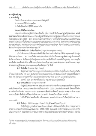 18 | ห น้ า คู่มือจัดกิจกรรมการเรียนรู้ เรื่องการอนุรักษ์ทรัพยากรป่าไม้ตามพระราชดําริ ชั้นประถมศึกษาปีที่ 5
 
 
ความรู้สําหรับครู
1. สาระสําคัญ
เรื่องป่าไม้ในประเทศไทย ประกอบสาระสําคัญ ดังนี้
1) ประเภทป่าไม้ในประเทศไทย
2) ปัจจัยที่ส่งผลให้ป่าไม้มีลักษณะต่างกัน
ประเภทป่าไม้ในประเทศไทย
ประเทศไทยมีสภาพภูมิอากาศแบบร้อนชื้น เนื่องจากอยู่ใกล้บริเวณเส้นศูนย์สูตรของโลก และมี
ลมมรสุมตะวันออกเฉียงเหนือและตะวันตกเฉียงใต้พัดผ่าน มีสภาพภูมิประเทศตั้งแต่หาดทรายชายทะเล
จนถึงยอดเขาสูงถึง 2,500 เมตร จากระดับน้ําทะเลปานกลาง บางพื้นที่มีความแห้งแล้งและมีไฟป่าเป็น
ประจํา ดินในแต่ละพื้นที่มีคุณลักษณะและความอุดมสมบูรณ์แตกต่างกันไป จึงทําให้ประเทศไทยมีป่าอยู่
หลายชนิดด้วยกัน สามารถแบ่งป่าในประเทศไทยออกเป็น สองกลุ่มใหญ่ๆ คือ ป่าไม่ผลัดใบ และป่าผลัดใบ
ซึ่งในแต่ละกลุ่มประกอบด้วยป่าชนิดต่างๆ ดังนี้
1) ป่าไม่ผลัดใบ หรือ ป่าดิบเมืองร้อน (Tropical Evergreen Forest)
เป็นป่าที่ประกอบไปด้วยพรรณพืชที่ไม่ทิ้งใบในช่วงหน้าแล้ง จึงทําให้เขียวชอุ่มตลอดปี ป่ากลุ่ม
นี้มีประมาณร้อยละ 30 ของเนื้อที่ป่าของประเทศไทย เป็นป่าไม้ในเขตมรสุมพัดผ่านอยู่เกือบตลอดปี
มีปริมาณน้ําฝนมาก ดินมีความชุ่มชื้นอยู่ตลอดเวลา มีสภาพพื้นที่เป็นที่ราบและที่เป็นภูเขาสูง กระจายอยู่ใน
เขตพื้นที่ภาคเหนือลงไปถึงภาคใต้ และแบ่งย่อยป่าออกไปตามความแตกต่างของความชุ่มชื้นและความสูง
ต่ําของสภาพภูมิประเทศ สามารถแยกออกเป็นชนิดย่อยๆ ได้ ดังนี้
1.1) ป่าดิบชื้น (Tropical Rain Forest)
มีอยู่ตามภาคตะวันออกและภาคใต้ของประเทศ ที่มีระดับสูงตั้งแต่ระดับเดียวกันกับ
น้ําทะเล จนถึงระดับ 100 เมตร มีปริมาณน้ําฝนตกไม่น้อยกว่า 2,500 มิลลิเมตร ต่อปี พรรณไม้ที่ขึ้นมีมาก
ชนิด เช่น พวกไม้ยางต่างๆ พืชชั้นล่างจะเต็มไปด้วยพวกปาล์ม หวาย ไผ่ต่างๆ และเถาวัลย์นานาชนิด
ไม้ดัชนี1
ได้แก่ ไม้วงศ์ยางที่ไม่ผลัดใบ หลุมพอ บุนนาค และทองบึ้ง
1.2) ป่าดิบแล้ง (Dry Evergreen Forest)
มีอยู่ทั่วไปตามภาคต่างๆ ของประเทศ ตามบริเวณที่ราบและหุบเขาที่มีความสูงจาก
ระดับน้ําทะเลตั้งแต่ 100-500 เมตร มีปริมาณน้ําฝนระหว่าง 1,000-2,000 มิลลิเมตร ต่อปี มีพรรณไม้หลัก
มากชนิดด้วยกัน เช่น กระบาก ยางนา ยางแดง ตะเคียนหิน เต็งตานี พะยอม สมพง มะค่า ยางน่อง
กระบก เป็นต้น พืชชั้นล่างก็มีพวกปาล์ม พวกหวาย พวกขิง ข่า แต่ปริมาณไม่หนาแน่นนัก
ไม้ดัชนี ได้แก่ ตะเคียนหิน เคี่ยมคะนอง พลองใบเล็ก พลองใบใหญ่ กัดลิ้น ค้างคาว
กระเบากลัก
1.3) ป่าดิบเขา (Hill Evergreen Forest) หรือ ป่าเมฆ (Cloud Forest)
คือป่าที่อยู่สูงจากระดับน้ําทะเลปานกลางตั้งแต่ 1,000 เมตร ขึ้นไป มีกระจายอยู่ตามภาค
ต่างๆ ของประเทศ ที่มีปริมาณน้ําฝนระหว่าง 1,500-2,000 มิลลิเมตร ต่อปี พรรณไม้หลักค่อนข้างจํากัด
เช่น ก่อชนิดต่างๆ ทะโล้ ยมหอม กําลังเสือโคร่ง นางพญาเสือโคร่ง สนสามพันปี มะขามป้อมดง พญาไม้
1
ไม้ดัชนี หมายถึง พันธุ์ไม้ที่เป็นตัวแทนของแต่ละชนิดป่า ซึ่งหากพบมากในบริเวณหนึ่งบริเวณใดจะบ่งชี้ถึงชนิดป่าใน
บริเวณนั้นๆ
 