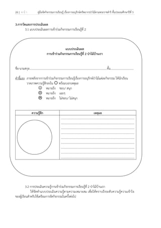 26 | ห น้ า คู่มือจัดกิจกรรมการเรียนรู้ เรื่องการอนุรักษ์ทรัพยากรป่าไม้ตามพระราชดําริ ชั้นประถมศึกษาปีที่ 5
 
 
3.การวัดและการประเมินผล
3.1 แบบประเมินผลการเข้าร่วมกิจกรรมการเรียนรู้ที่ 2
แบบประเมินผล
การเข้าร่วมกิจกรรมการเรียนรู้ที่ 2 ป่าไม้บ้านเรา
ชื่อ-นามสกุล…………………………………………………………………………………………..........ชั้น.................................
คําชี้แจง ภายหลังจากการเข้าร่วมกิจกรรมการเรียนรู้เรื่องการอนุรักษ์ป่าไม้แต่ละกิจกรรม ให้นักเรียน
วาดภาพความรู้สึกลงใน พร้อมบอกเหตุผล
☺ หมายถึง ชอบ/ สนุก
หมายถึง เฉยๆ
หมายถึง ไม่ชอบ/ ไม่สนุก
ความรู้สึก เหตุผล
.........................................................................................................
.........................................................................................................
.........................................................................................................
.........................................................................................................
.........................................................................................................
.........................................................................................................
.........................................................................................................
.........................................................................................................
.........................................................................................................
3.2 การประเมินความรู้การเข้าร่วมกิจกรรมการเรียนรู้ที่ 2 ป่าไม้บ้านเรา
ให้จัดทําแบบประเมินความรู้ตามความเหมาะสม เพื่อให้ทราบถึงระดับความรู้ความเข้าใจ
ของผู้เรียนสําหรับใช้เตรียมการจัดกิจกรรมในครั้งต่อไป
 