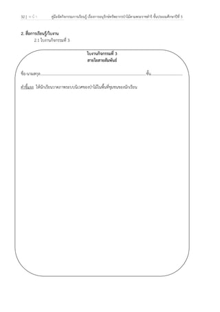 32 | ห น้ า คู่มือจัดกิจกรรมการเรียนรู้ เรื่องการอนุรักษ์ทรัพยากรป่าไม้ตามพระราชดําริ ชั้นประถมศึกษาปีที่ 5
 
 
2. สื่อการเรียนรู้/ใบงาน
2.1 ใบงานกิจกรรมที่ 3
ใบงานกิจกรรมที่ 3
สายใยสายสัมพันธ์
ชื่อ-นามสกุล…………………………………………………………………………………………..........ชั้น.................................
คําชี้แจง ให้นักเรียนวาดภาพระบบนิเวศของป่าไม้ในพื้นที่ชุมชนของนักเรียน
 