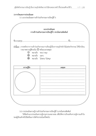 คู่มือจัดกิจกรรมการเรียนรู้ เรื่องการอนุรักษ์ทรัพยากรป่าไม้ตามพระราชดําริ ชั้นประถมศึกษาปีที่ 5 ห น้ า | 33
 
 
3.การวัดและการประเมินผล
3.1 แบบประเมินผลการเข้าร่วมกิจกรรมการเรียนรู้ที่ 3
แบบประเมินผล
การเข้าร่วมกิจกรรมการเรียนรู้ที่ 3 สายใยสายสัมพันธ์
ชื่อ-นามสกุล…………………………………………………………………………………………..........ชั้น.................................
คําชี้แจง ภายหลังจากการเข้าร่วมกิจกรรมการเรียนรู้เรื่องการอนุรักษ์ป่าไม้แต่ละกิจกรรม ให้นักเรียน
วาดภาพความรู้สึกลงใน พร้อมบอกเหตุผล
☺ หมายถึง ชอบ/ สนุก
หมายถึง เฉยๆ
หมายถึง ไม่ชอบ/ ไม่สนุก
ความรู้สึก เหตุผล
.........................................................................................................
.........................................................................................................
.........................................................................................................
.........................................................................................................
.........................................................................................................
.........................................................................................................
.........................................................................................................
.........................................................................................................
.........................................................................................................
3.2 การประเมินความรู้การเข้าร่วมกิจกรรมการเรียนรู้ที่ 3 สายใยสายสัมพันธ์
ให้จัดทําแบบประเมินความรู้ตามความเหมาะสม เพื่อให้ทราบถึงระดับความรู้ความเข้าใจ
ของผู้เรียนสําหรับใช้เตรียมการจัดกิจกรรมในครั้งต่อไป
 