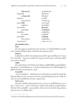 คู่มือจัดกิจกรรมการเรียนรู้ เรื่องการอนุรักษ์ทรัพยากรป่าไม้ตามพระราชดําริ ชั้นประถมศึกษาปีที่ 5 ห น้ า | 69
 
 
กินข้าวกลางป่า ปลาแห้งพริกเกลือ
เก็บลูกมะเดื่อ จิ้มน้ําพริกกิน
เล่นโหนเถาวัลย์ โห่ร้องลั่นป่า
โยนตัวลงมา ย่อขาให้ดี
ช่วยแกว่งช่วยไกว แกว่งไปแกว่งมา
เล่นแกว่งชิงช้า กลางป่าสนุกดี
เล่นติ๊งต่างว่า ในป่าเป็นเมือง
นักดาบลือเลื่อง ฟันดาบสู้กัน
คุณตาพักผ่อน เด็กเล่นซ่อนหา
นับแล้วหันมา หาเพื่อนให้เจอ
ลิงเกาะต้นไม้ อย่าให้ใครชิง
เด็กเล่นเป็นลิง ไล่วิ่งชิงหลัก
ถึงเวลากลับบ้าน นับเพื่อนให้ครบ
เพราะสามเล่มจบ4
ครบชุด “เล่น” เอย
อธิบายคําศัพท์จากนิทาน
ปีนเขา
เด็กๆ ชอบผจญภัย ภูเขาสูงแค่ไหนก็อยากปีน เพราะท้าทาย เขาว่ายิ่งสูงยิ่งใกล้ท้องฟ้า มองลงเห็น
โลกกว้าง ใครคิดว่าปีนขึ้นไม่ไหว เพื่อนๆ ช่วยให้กําลังใจ ปีนป่ายถึงยอดเขาด้วยกัน
โยนลูกยาง
ในป่ามีลูกไม้มากมายให้เล่น ต้นยางสูงใหญ่แหงนมองคอตั้งบ่า ดูลูกยางปลิดขั้วลอยลงมา ปีกหมุน
ติ้วราวกับเครื่องบิน ปีกหมุนกระจายเต็มฟ้า เด็กๆ เก็บลูกยางมาเป็นกอบเป็นกํา แล้วโยนลูกยางขึ้นฟ้า
ลูกยางลอยลงมา ปีกหมุนติ้ว
ร่มชูชีพ
เด็กๆ พกเชือกเส้นเล็กๆ กับผ้าเช็ดหน้ามาด้วย ตัดเชือกยาวสักสี่คืบให้ได้สี่เส้น ผูกเชือกทั้งสี่เส้นกับ
มุมผ้าเช็ดหน้า ปลายเชือกสี่เส้นห้อยลงมา หาก้อนหินมาแล้วมัดด้วยเชือกถ่วงไว้ แค่นี้ก็จะได้ร่มชูชีพ โยน
สูงขึ้นฟ้า ผ้าเช็ดหน้ากางออกแล้วลอยลงมา…สนุกดี
บ้านบนต้นไม้
“สร้างบ้านบนต้นไม้ดีกว่า” แค่คิดก็สนุกแล้ว เด็กๆ ฝันที่จะสร้างบ้านบนต้นไม้ จึงชวนกันสร้างฝัน
ให้เป็นจริง ดีที่คุณตามาด้วย เพราะคุณตาชอบช่วยเด็กๆ คุณตาตัดกิ่งไม้แห้งแปลงเป็นฝา เป็นพื้น เป็น
หลังคา ไม่นานบ้านบนต้นไม้ก็สําเร็จ เพราะเด็กๆ กับคุณตาช่วยกัน
กินข้าวกลางป่า
เมื่อเล่นกันสารพัดก็ต้องเหนื่อยและหิวเป็นธรรมดา แต่อาหารกลางวันมื้อนั้นไม่ธรรมดา เพราะ
เรียกว่า “กินข้าวกลางป่า” อร่อยกว่าปกติ ทั้งบรรยากาศร่มรื่น จะนั่งกินบนพื้น กินบนขอนไม้ หรือใครจะ
ขึ้นไปกินข้าวที่บ้านบนต้นไม้ก็ได้ คุณตาสอนให้เด็กๆ เก็บผักกลางป่ามากินกับน้ําพริก ทั้งลูกมะเดื่ออ่อน
ผักกูด ผักหวานป่า อาหารมื้อนี้อร่อยจริงๆ
4
เรื่องเล่นในป่าเป็นเรื่องหนึ่งในหนังสือชุดเล่นตามธรรมชาติ ซึ่งประกอบด้วยเรื่องเล่นกลางแจ้ง เล่นริมน้ํา และเล่นในป่า
 