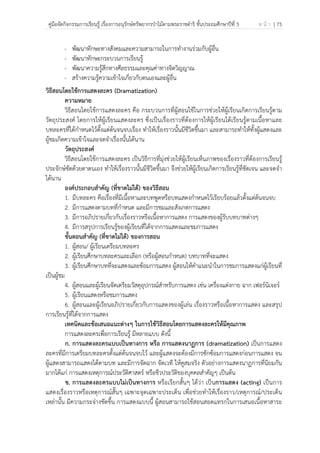 คู่มือจัดกิจกรรมการเรียนรู้ เรื่องการอนุรักษ์ทรัพยากรป่าไม้ตามพระราชดําริ ชั้นประถมศึกษาปีที่ 5 ห น้ า | 75
 
 
- พัฒนาทักษะทางสังคมและความสามารถในการทํางานร่วมกับผู้อื่น
- พัฒนาทักษะกระบวนการเรียนรู้
- พัฒนาความรู้สึกทางศีลธรรมและคุณค่าทางจิตวิญญาณ
- สร้างความรู้ความเข้าใจเกี่ยวกับตนเองและผู้อื่น
วิธีสอนโดยใช้การแสดงละคร (Dramatization)
ความหมาย
วิธีสอนโดยใช้การแสดงละคร คือ กระบวนการที่ผู้สอนใช้ในการช่วยให้ผู้เรียนเกิดการเรียนรู้ตาม
วัตถุประสงค์ โดยการให้ผู้เรียนแสดงละคร ซึ่งเป็นเรื่องราวที่ต้องการให้ผู้เรียนได้เรียนรู้ตามเนื้อหาและ
บทละครที่ได้กําหนดไว้ตั้งแต่ต้นจนจบเรื่อง ทําให้เรื่องราวนั้นมีชีวิตขึ้นมา และสามารถทําให้ทั้งผู้แสดงและ
ผู้ชมเกิดความเข้าใจและจดจําเรื่องนั้นได้นาน
วัตถุประสงค์
วิธีสอนโดยใช้การแสดงละคร เป็นวิธีการที่มุ่งช่วยให้ผู้เรียนเห็นภาพของเรื่องราวที่ต้องการเรียนรู้
ประจักษ์ชัดด้วยตาตนเอง ทําให้เรื่องราวนั้นมีชีวิตขึ้นมา จึงช่วยให้ผู้เรียนเกิดการเรียนรู้ที่ชัดเจน และจดจํา
ได้นาน
องค์ประกอบสําคัญ (ที่ขาดไม่ได้) ของวิธีสอน
1. มีบทละคร คือเรื่องที่มีเนื้อหาและบทพูดหรือบทแสดงกําหนดไว้เรียบร้อยแล้วตั้งแต่ต้นจนจบ
2. มีการแสดงตามบทที่กําหนด และมีการชมและสังเกตการแสดง
3. มีการอภิปรายเกี่ยวกับเรื่องราวหรือเนื้อหาการแสดง การแสดงของผู้รับบทบาทต่างๆ
4. มีการสรุปการเรียนรู้ของผู้เรียนที่ได้จากการแสดงและชมการแสดง
ขั้นตอนสําคัญ (ที่ขาดไม่ได้) ของการสอน
1. ผู้สอน/ ผู้เรียนเตรียมบทละคร
2. ผู้เรียนศึกษาบทละครและเลือก (หรือผู้สอนกําหนด) บทบาทที่จะแสดง
3. ผู้เรียนศึกษาบทที่จะแสดงและซ้อมการแสดง ผู้สอนให้คําแนะนําในการชมการแสดงแก่ผู้เรียนที่
เป็นผู้ชม
4. ผู้สอนและผู้เรียนจัดเตรียมวัสดุอุปกรณ์สําหรับการแสดง เช่น เครื่องแต่งกาย ฉาก เฟอร์นิเจอร์
5. ผู้เรียนแสดงหรือชมการแสดง
6. ผู้สอนและผู้เรียนอภิปรายเกี่ยวกับการแสดงของผู้เล่น เรื่องราวหรือเนื้อหาการแสดง และสรุป
การเรียนรู้ที่ได้จากการแสดง
เทคนิคและข้อเสนอแนะต่างๆ ในการใช้วิธีสอนโดยการแสดงละครให้มีคุณภาพ
การแสดงละครเพื่อการเรียนรู้ มีหลายแบบ ดังนี้
ก. การแสดงละครแบบเป็นทางการ หรือ การแสดงนาฏการ (dramatization) เป็นการแสดง
ละครที่มีการเตรียมบทละครตั้งแต่ต้นจนจบไว้ และผู้แสดงจะต้องมีการซักซ้อมการแสดงก่อนการแสดง จน
ผู้แสดงสามารถแสดงได้ตามบท และมีการจัดฉาก จัดเวที ให้ดูสมจริง ตัวอย่างการแสดงนาฏการที่นิยมกัน
มากได้แก่ การแสดงเหตุการณ์ประวัติศาสตร์ หรือชีวประวัติของบุคคลสําคัญๆ เป็นต้น
ข. การแสดงละครแบบไม่เป็นทางการ หรือเรียกสั้นๆ ได้ว่า เป็นการแสดง (acting) เป็นการ
แสดงเรื่องราวหรือเหตุการณ์สั้นๆ เฉพาะจุดเฉพาะประเด็น เพื่อช่วยทําให้เรื่องราว/เหตุการณ์/ประเด็น
เหล่านั้น มีความกระจ่างชัดขึ้น การแสดงแบบนี้ ผู้สอนสามารถใช้สอนสอดแทรกในการเสนอเนื้อหาสาระ
 