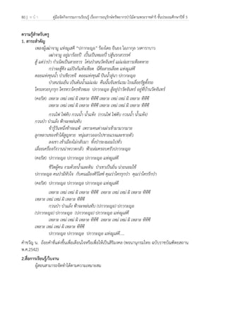 80 | ห น้ า คู่มือจัดกิจกรรมการเรียนรู้ เรื่องการอนุรักษ์ทรัพยากรป่าไม้ตามพระราชดําริ ชั้นประถมศึกษาปีที่ 5
 
 
ความรู้สําหรับครู
1. สาระสําคัญ
เพลงผู้เฒ่าจามู แห่งมูเสคี “ปกากะญอ” ร้องโดย ยืนยง โอภากุล วงคาราบาว
เฒ่าจามู อยู่มาร้อยปี เปิ้นเป็นหมอปี๋ บ่ฮู้นรกสวรรค์
ฮู้ แต่ว่าป่า กําเนิดเป็นสายธาร โค่นป่าสนวัดจันทร์ แม่แจ่มธารเหือดหาย
กว่าจะฮู้คิง แม่ปิงก็แห้งเหือด นี่คือสายเลือด แห่งมูเส่คี
ดอยแห่งขุนน้ํา ป่าเขียวขจี ดอยแห่งขุนผี ปันน้ําสู่นา ปกากะญอ
ป่าสนร่มเย็น เป็นต้นน้ําแม่แจ่ม คืนนั้นจันทร์แรม โรงเลื่อยรัฐตั้งรอ
ใครเหวยบุกรุก ใครหวาใครหัวหมอ ปกากะญอ สู้อยู่ป่าวัดจันทร์ อยู่ที่บ้านวัดจันทร์
(คอรัส) เหลาะ เหม่ เหม่ ผิ เหลาะ ทีทีซี เหลาะ เหม่ เหม่ ผิ เหลาะ ทีทีซี
เหลาะ เหม่ เหม่ ผิ เหลาะ ทีทีซี เหลาะ เหม่ เหม่ ผิ เหลาะ ทีทีซี
กวนไฟ ไฟดับ กวนน้ํา น้ําแห้ง (กวนไฟ ไฟดับ กวนน้ํา น้ําแห้ง)
กวนป่า ป่าแล้ง ฟ้าจะหล่นทับ
ข้ารู้วันหนึ่งข้าจะแพ้ เพราะคนต่างเผ่าเข้ามามากมาย
ลูกหลานของข้าได้สูญหาย หนุ่มสาวออกไปขายแรงและขายตัว
ลงเขา เข้าเมืองไม่กลับมา ทิ้งป่าระงมถมไปทั่ว
เลื่อยเครื่องกังวานน่าหวาดกลัว ฟ้าถล่มครอบครัวปกากะญอ
(คอรัส) ปกากะญอ ปกากะญอ ปกากะญอ แห่งมูเส่คี
ชีวิตผู้คน งามด้วยน้ําและดิน ป่าเขาเป็นถิ่น น่าถนอมใช้
ปกากะญอ คนป่ามีหัวใจ กับคนเมืองศิวิไลซ์ คุณว่าใครรุกป่า คุณว่าใครรักป่า
(คอรัส) ปกากะญอ ปกากะญอ ปกากะญอ แห่งมูเส่คี
เหลาะ เหม่ เหม่ ผิ เหลาะ ทีทีซี เหลาะ เหม่ เหม่ ผิ เหลาะ ทีทีซี
เหลาะ เหม่ เหม่ ผิ เหลาะ ทีทีซี
กวนป่า ป่าแล้ง ฟ้าจะหล่นทับ (ปกากะญอ) ปกากะญอ
(ปกากะญอ) ปกากะญอ (ปกากะญอ) ปกากะญอ แห่งมูเส่คี
เหลาะ เหม่ เหม่ ผิ เหลาะ ทีทีซี เหลาะ เหม่ เหม่ ผิ เหลาะ ทีทีซี
เหลาะ เหม่ เหม่ ผิ เหลาะ ทีทีซี
ปกากะญอ ปกากะญอ ปกากะญอ แห่งมูเส่คี.....
คําขวัญ น. ถ้อยคําที่แต่งขึ้นเพื่อเตือนใจหรือเพื่อให้เป็นสิริมงคล (พจนานุกรมไทย ฉบับราชบัณฑิตยสถาน
พ.ศ.2542)
2.สื่อการเรียนรู้/ใบงาน
ผู้สอนสามารถจัดทําได้ตามความเหมาะสม
 