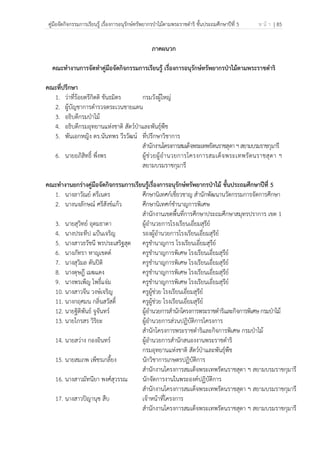 คู่มือจัดกิจกรรมการเรียนรู้ เรื่องการอนุรักษ์ทรัพยากรป่าไม้ตามพระราชดําริ ชั้นประถมศึกษาปีที่ 5 ห น้ า | 85
 
 
ภาคผนวก
คณะทํางานการจัดทําคู่มือจัดกิจกรรมการเรียนรู้ เรื่องการอนุรักษ์ทรัพยากรป่าไม้ตามพระราชดําริ
คณะที่ปรึกษา
1. ว่าที่ร้อยตรีกิตติ ขันธมิตร กรมวังผู้ใหญ่
2. ผู้บัญชาการตํารวจตระเวนชายแดน
3. อธิบดีกรมป่าไม้
4. อธิบดีกรมอุทยานแห่งชาติ สัตว์ป่าและพันธุ์พืช
5. พันเอกหญิง ดร.นันทพร วีรวัฒน์ ที่ปรึกษาวิชาการ
สํานักงานโครงการสมเด็จพระเทพรัตนราชสุดาฯสยามบรมราชกุมารี
6. นายอภิสิทธิ์ พึ่งพร ผู้ช่วยผู้อํานวยการโครงการสมเด็จพระเทพรัตนราชสุดา ฯ
สยามบรมราชกุมารี
คณะทํางานยกร่างคู่มือจัดกิจกรรมการเรียนรู้เรื่องการอนุรักษ์ทรัพยากรป่าไม้ ชั้นประถมศึกษาปีที่ 5
1. นางลาวัณย์ ตรีเนตร ศึกษานิเทศก์เชี่ยวชาญ สํานักพัฒนานวัตกรรมการจัดการศึกษา
2. นางนงลักษณ์ ศรีสังข์แก้ว ศึกษานิเทศก์ชํานาญการพิเศษ
สํานักงานเขตพื้นที่การศึกษาประถมศึกษาสมุทรปราการ เขต 1
3. นายสุวิทย์ อุดมธาดา ผู้อํานวยการโรงเรียนเอี่ยมสุรีย์
4. นางประทีป แป้นเจริญ รองผู้อํานวยการโรงเรียนเอี่ยมสุรีย์
5. นางสาวธวัชนี พรประเสริฐสุด ครูชํานาญการ โรงเรียนเอี่ยมสุรีย์
6. นางภัทรา หาญเขตต์ ครูชํานาญการพิเศษ โรงเรียนเอี่ยมสุรีย์
7. นางสุวิมล ตันปิติ ครูชํานาญการพิเศษ โรงเรียนเอี่ยมสุรีย์
8. นางดุษฎี เมฆแดง ครูชํานาญการพิเศษ โรงเรียนเอี่ยมสุรีย์
9. นางพรเพ็ญ โพธิ์แจ่ม ครูชํานาญการพิเศษ โรงเรียนเอี่ยมสุรีย์
10. นางสาวจีน วงษ์เจริญ ครูผู้ช่วย โรงเรียนเอี่ยมสุรีย์
11. นางกฤศมน กลิ่นสวัสดิ์ ครูผู้ช่วย โรงเรียนเอี่ยมสุรีย์
12. นายฐิติพันธ์ จูจันทร์ ผู้อํานวยการสํานักโครงการพระราชดําริและกิจการพิเศษ กรมป่าไม้
13. นายไกรสร วิริยะ ผู้อํานวยการส่วนปฏิบัติการโครงการ
สํานักโครงการพระราชดําริและกิจการพิเศษ กรมป่าไม้
14. นายสว่าง กองอินทร์ ผู้อํานวยการสํานักสนองงานพระราชดําริ
กรมอุทยานแห่งชาติ สัตว์ป่าและพันธุ์พืช
15. นายสมภพ เพ็ชรเกลี้ยง นักวิชาการเกษตรปฏิบัติการ
สํานักงานโครงการสมเด็จพระเทพรัตนราชสุดา ฯ สยามบรมราชกุมารี
16. นางสาวมัทนียา พงศ์สุวรรณ นักจัดการงานในพระองค์ปฏิบัติการ
สํานักงานโครงการสมเด็จพระเทพรัตนราชสุดา ฯ สยามบรมราชกุมารี
17. นางสาวปิญานุช สืบ เจ้าหน้าที่โครงการ
สํานักงานโครงการสมเด็จพระเทพรัตนราชสุดา ฯ สยามบรมราชกุมารี
 