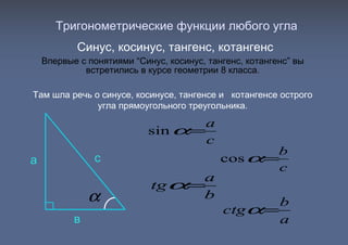 Синус, косинус, тангенс, котангенс
Впервые с понятиями “Синус, косинус, тангенс, котангенс” вы
встретились в курсе геометрии 8 класса.
Там шла речь о синусе, косинусе, тангенсе и котангенсе острого
угла прямоугольного треугольника.
с
в
а
c
a
=αsin
a
b
ctg =α
b
a
tg =α
c
b
=αcos
α
Тригонометрические функции любого угла
 