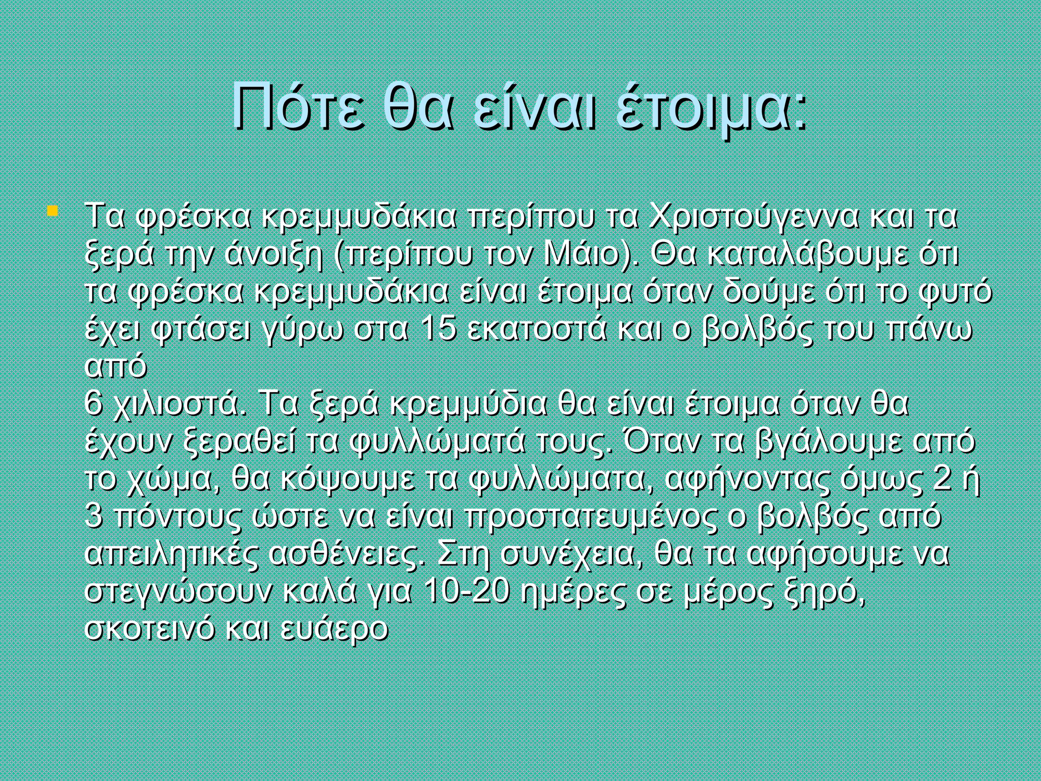 Πότε θα είναι έτοιµα:Πότε θα είναι έτοιµα:
 Τα φρέσκα κρεμμυδάκια περίπου τα Χριστούγεννα και ταΤα φρέσκα κρεμμυδάκια περίπου τα Χριστούγεννα και τα
ξερά την άνοιξη (περίπου τον Μάιο). Θα καταλάβουμε ότιξερά την άνοιξη (περίπου τον Μάιο). Θα καταλάβουμε ότι
τα φρέσκα κρεμμυδάκια είναι έτοιμα όταν δούμε ότι το φυτότα φρέσκα κρεμμυδάκια είναι έτοιμα όταν δούμε ότι το φυτό
έχει φτάσει γύρω στα 15 εκατοστά και ο βολβός του πάνωέχει φτάσει γύρω στα 15 εκατοστά και ο βολβός του πάνω
απόαπό
6 χιλιοστά. Τα ξερά κρεμμύδια θα είναι έτοιμα όταν θα6 χιλιοστά. Τα ξερά κρεμμύδια θα είναι έτοιμα όταν θα
έχουν ξεραθεί τα φυλλώματά τους. Όταν τα βγάλουμε απόέχουν ξεραθεί τα φυλλώματά τους. Όταν τα βγάλουμε από
το χώμα, θα κόψουμε τα φυλλώματα, αφήνοντας όμως 2 ήτο χώμα, θα κόψουμε τα φυλλώματα, αφήνοντας όμως 2 ή
3 πόντους ώστε να είναι προστατευμένος ο βολβός από3 πόντους ώστε να είναι προστατευμένος ο βολβός από
απειλητικές ασθένειες. Στη συνέχεια, θα τα αφήσουμε νααπειλητικές ασθένειες. Στη συνέχεια, θα τα αφήσουμε να
στεγνώσουν καλά για 10-20 ημέρες σε μέρος ξηρό,στεγνώσουν καλά για 10-20 ημέρες σε μέρος ξηρό,
σκοτεινό και ευάεροσκοτεινό και ευάερο
 
