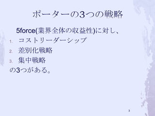 5force(業界全体の収益性)に対し、
1. コストリーダーシップ
2. 差別化戦略
3. 集中戦略
の3つがある。
3
 