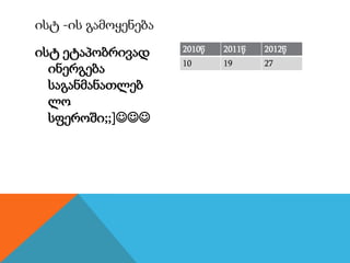 ისტ ეტაპობრივად
ინერგება
საგანმანათლებ
ლო
სფეროში;;]
2010წ 2011წ 2012წ
10 19 27
ისტ -ის გამოყენება
 