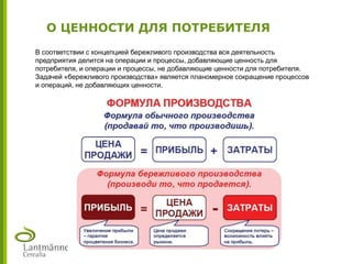 В соответствии с концепцией бережливого производства вся деятельность
предприятия делится на операции и процессы, добавляющие ценность для
потребителя, и операции и процессы, не добавляющие ценности для потребителя.
Задачей «бережливого производства» является планомерное сокращение процессов
и операций, не добавляющих ценности.
О ЦЕННОСТИ ДЛЯ ПОТРЕБИТЕЛЯ
 