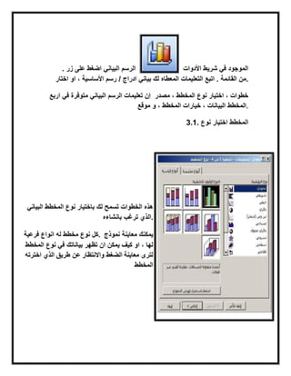 . ‫زر‬ ‫على‬ ‫اضغط‬ ً‫البٌان‬ ‫الرسم‬ ‫األدوات‬ ‫شرٌط‬ ً‫ف‬ ‫الموجود‬
‫اختار‬ ‫او‬ ، ‫األساسٌة‬ ‫رسم‬ / ‫ادراج‬ ً‫بٌان‬ ‫لك‬ ‫المعطاه‬ ‫التعلٌمات‬ ‫اتبع‬ . ‫القابمة‬ ‫.من‬
‫اربع‬ ً‫ف‬ ‫متوفرة‬ ً‫البٌان‬ ‫الرسم‬ ‫تعلٌمات‬ ‫إن‬ ‫مصدر‬ ، ‫المخطط‬ ‫نوع‬ ‫اختٌار‬ ، ‫خطوات‬
‫موقع‬ ‫و‬ ، ‫المخطط‬ ‫خٌارات‬ ، ‫البٌانات‬ ‫.المخطط‬
3.1. ‫نوع‬ ‫اختٌار‬ ‫المخطط‬
ً‫البٌان‬ ‫المخطط‬ ‫نوع‬ ‫باختٌار‬ ‫لك‬ ‫تسمح‬ ‫الخطوات‬ ‫هذه‬
‫بانشاءه‬ ‫ترغب‬ ‫.الذي‬
‫فرعٌة‬ ‫انواع‬ ‫له‬ ‫مخطط‬ ‫نوع‬ ‫.كل‬ ‫نموذج‬ ‫معاٌنة‬ ‫ٌمكنك‬
‫المخطط‬ ‫نوع‬ ً‫ف‬ ‫بٌاناتك‬ ‫تظهر‬ ‫ان‬ ‫ٌمكن‬ ‫كٌف‬ ‫او‬ ، ‫لها‬
‫اخترته‬ ‫الذي‬ ‫طرٌق‬ ‫عن‬ ‫واالنتظار‬ ‫الضغط‬ ‫معاٌنة‬ ‫لترى‬
‫المخطط‬
 