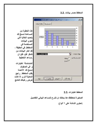3.2. ‫مصدر‬‫بٌانات‬ ‫المخطط‬
‫من‬ ‫الخطوة‬ ‫هذه‬
‫لك‬ ‫تسمخ‬ ‫المساعدة‬
ً‫الت‬ ‫الخالٌا‬ ‫بتحدٌد‬
‫البٌانات‬ ‫تحوي‬
ً‫ف‬ ‫المستخدمة‬
، ‫الحقٌقة‬ ً‫ف‬ .‫المخطط‬
‫من‬ ‫البٌانات‬ ‫اختر‬ ‫لقد‬
‫ان‬ ‫قبل‬ ،‫قبل‬ ‫تشغل‬
‫التخطٌط‬ ‫.مساعد‬
‫اختٌارات‬ ‫المتسلسلة‬
‫الصفوف‬ ً‫ف‬ ‫و‬
‫األعمدة‬ ‫لك‬ ‫تسمح‬
‫راجع‬ . ‫المخطط‬ ‫بقلب‬
‫لترى‬ ‫المعاٌنة‬‫كانت‬ ‫اذا‬
‫النتابج‬ ‫رغباتك‬ ‫تعرض‬
3.3. ‫اختٌارات‬ ‫المخطط‬
‫التفاصٌل‬ ً‫البٌان‬ ‫للمساعد‬ ‫تشرح‬ ‫ان‬ ‫ٌمكنك‬ ‫هنا‬ ‫لمخططك‬ ‫الصغٌرة‬
‫على‬ ‫الشاشة‬ ‫تحتوي‬6‫ألواح‬ :
 