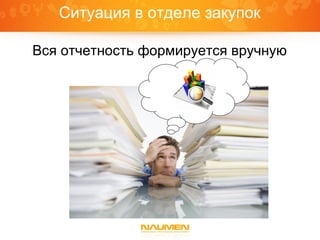 Ситуация в отделе закупок
Вся отчетность формируется вручную
 