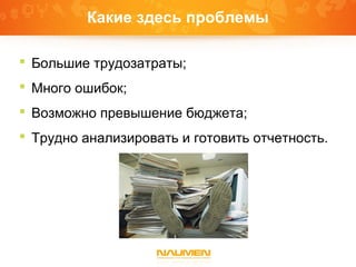 Какие здесь проблемы
 Большие трудозатраты;
 Много ошибок;
 Возможно превышение бюджета;
 Трудно анализировать и готовить отчетность.
 