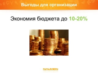 Выгоды для организации
Экономия бюджета до 10-20%
 