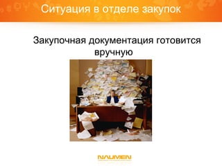 Ситуация в отделе закупок
Закупочная документация готовится
вручную
 