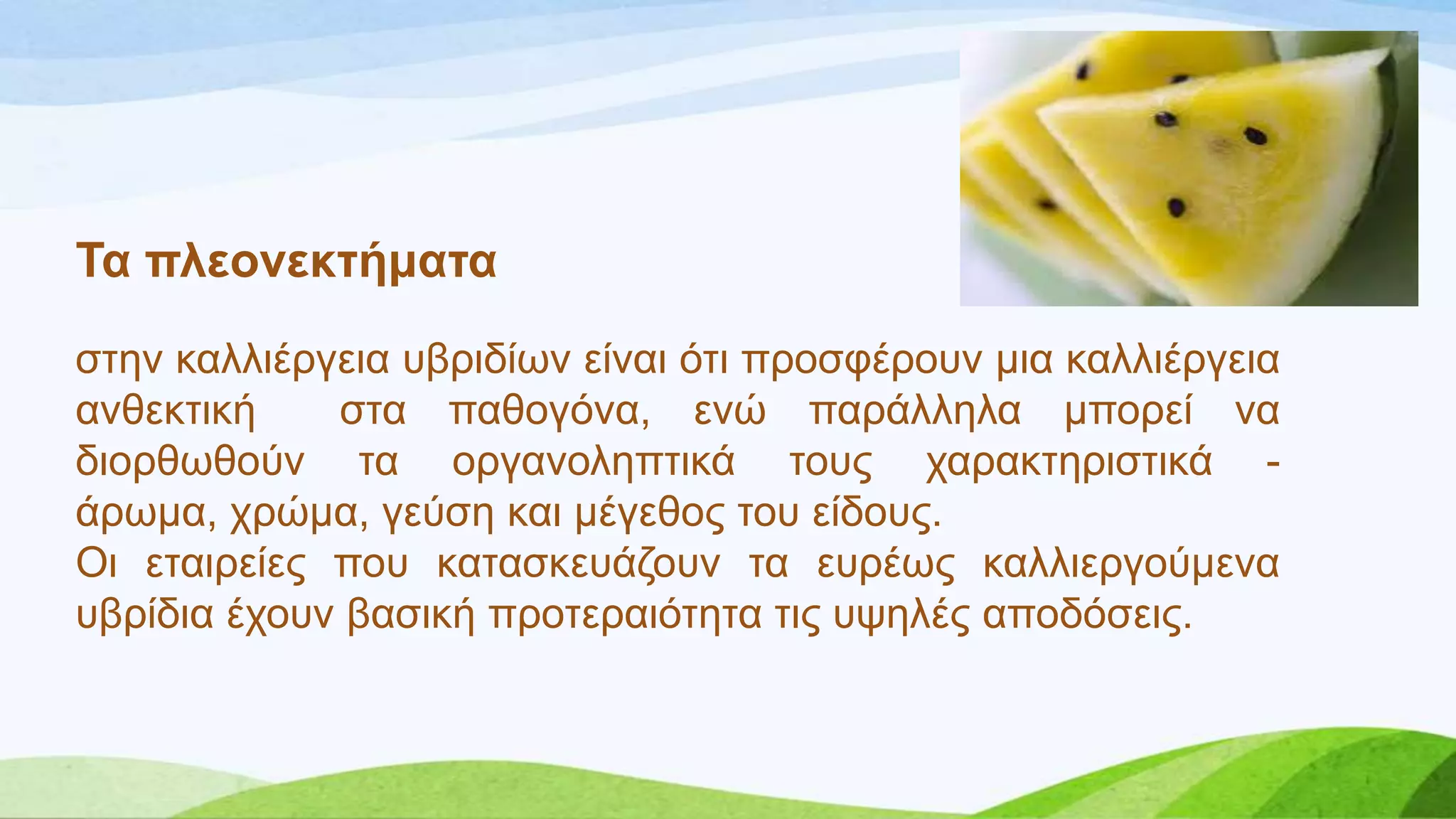 Σα πιενλεθηήκαηα
ζηελ θαιιηέξγεηα πβξηδίσλ είλαη όηη πξνζθέξνπλ κηα θαιιηέξγεηα
αλζεθηηθή ζηα παζνγόλα, ελώ παξάιιεια κπνξεί λα
δηνξζσζνύλ ηα νξγαλνιεπηηθά ηνπο ραξαθηεξηζηηθά -
άξσκα, ρξώκα, γεύζε θαη κέγεζνο ηνπ είδνπο.
Οη εηαηξείεο πνπ θαηαζθεπάδνπλ ηα επξέσο θαιιηεξγνύκελα
πβξίδηα έρνπλ βαζηθή πξνηεξαηόηεηα ηηο πςειέο απνδόζεηο.
 